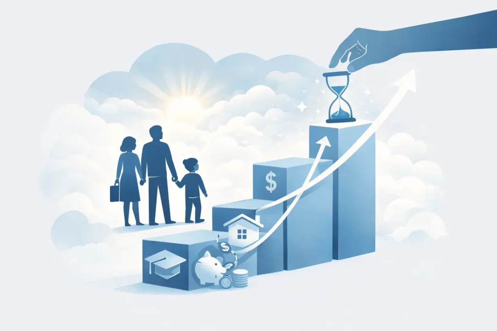 Minimalist illustration of a family standing beside rising financial blocks labeled education, savings, home, and retirement, with an upward growth arrow symbolizing long-term wealth planning and investment strategy.
