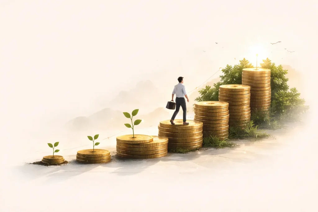 Hình minh họa tối giản một người đang bước lên các chồng tiền xu tăng dần với mầm cây phát triển, tượng trưng cho việc đầu tư sớm giúp xây dựng tài sản và đạt tự do tài chính dễ dàng hơn theo thời gian.