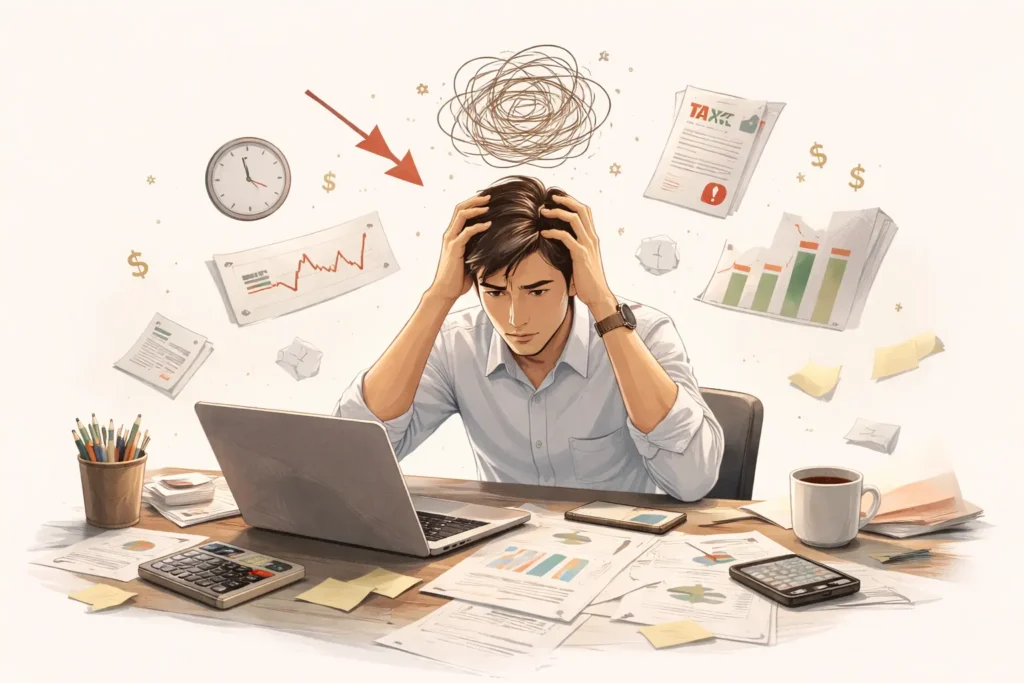 Hình minh họa tối giản một người căng thẳng giữa hóa đơn, biểu đồ và tài liệu tài chính, thể hiện sự khó khăn khi tự quản lý tài chính và đầu tư.