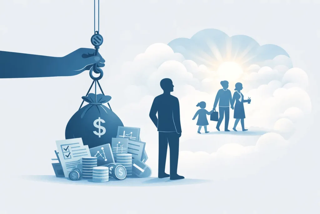 Minimalist illustration of a financial burden being lifted away from an individual, with money, documents, and charts removed while a family walks peacefully toward sunlight, symbolizing financial planning and investment management relief.