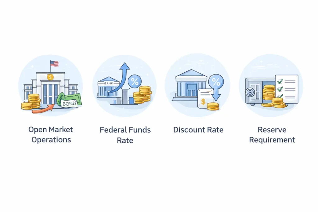 Minh họa tối giản bốn công cụ của cục dự trữ liên bang gồm open market operations, federal funds rate, discount rate và reserve requirement trong vai trò ngân hàng trung ương.