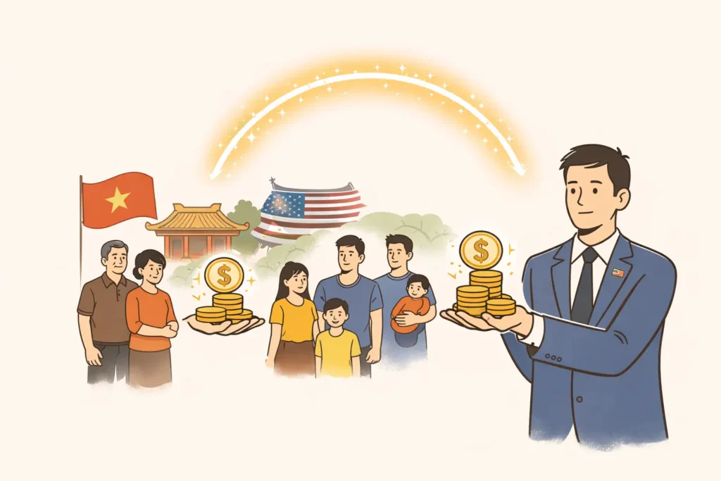 Minh họa tối giản về một cố vấn tài chính người Việt hỗ trợ các gia đình xây dựng tài sản và tạo cơ hội tài chính trong cộng đồng người Việt tại Hoa Kỳ.