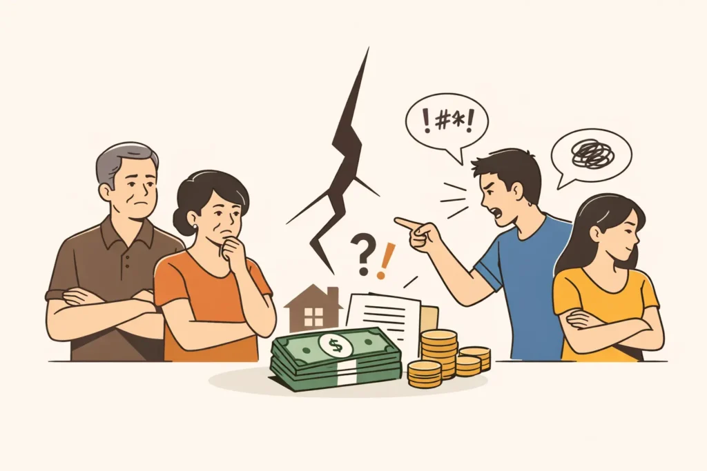 Minimalist illustration of a Vietnamese family arguing over money and inheritance, symbolizing financial conflict and the importance of structured financial planning.