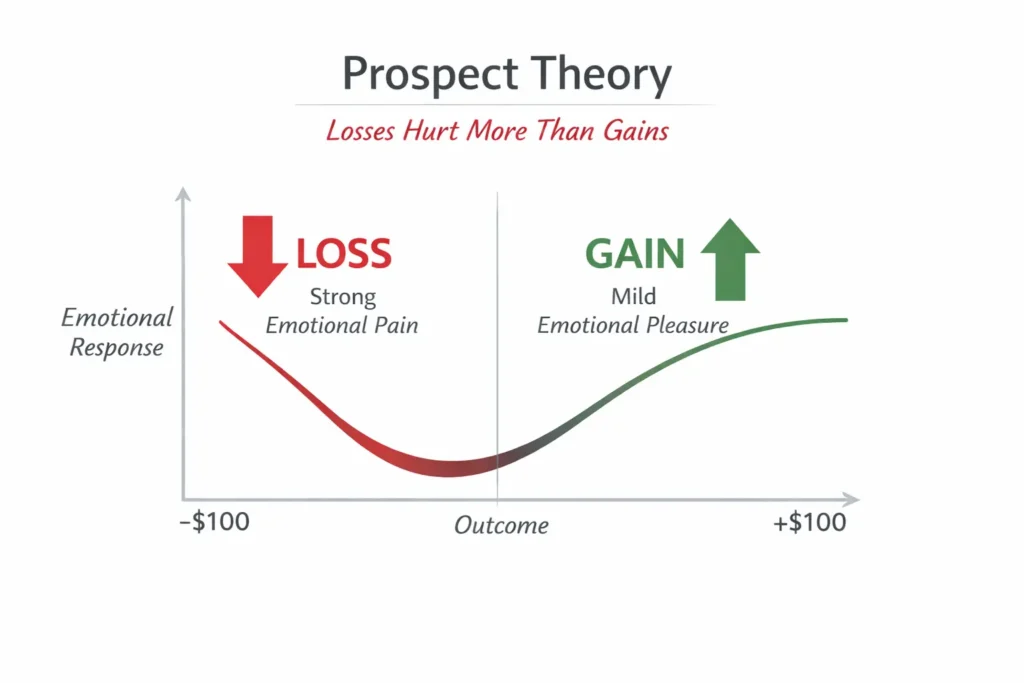 Minimalist graph illustrating Prospect Theory in investment psychology, showing losses creating stronger emotional impact than equivalent gains.