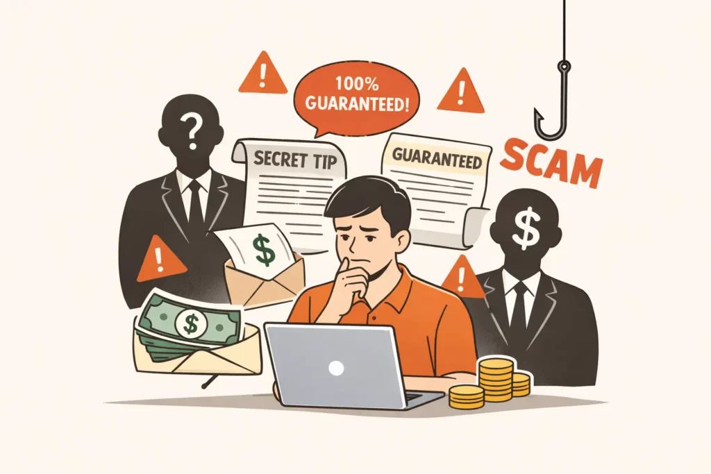 Minh họa tối giản về một nhà đầu tư bối rối trước thông tin tài chính sai lệch, lời hứa lợi nhuận đảm bảo và cảnh báo lừa đảo, thể hiện rủi ro khi đầu tư thiếu tư vấn chuyên nghiệp.