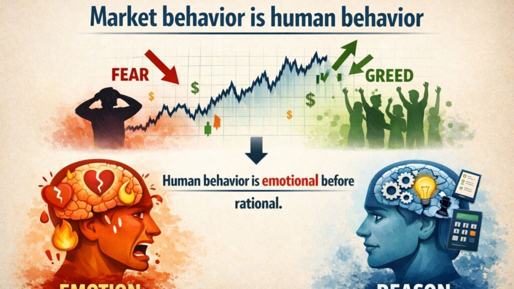 Minh họa tâm lý đầu tư chứng khoán với cảm xúc sợ hãi và tham lam ảnh hưởng hành vi nhà đầu tư trên thị trường tài chính