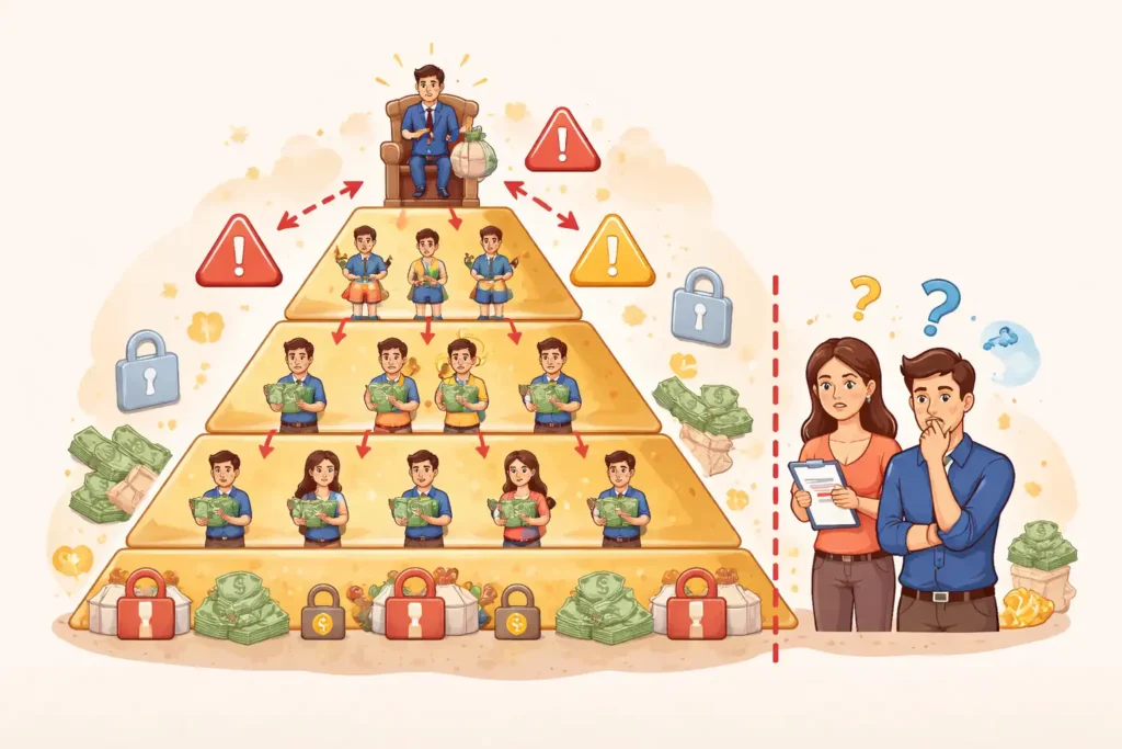 Hình minh họa mô hình đa cấp và các rủi ro lừa đảo tài chính trong đầu tư tài chính
