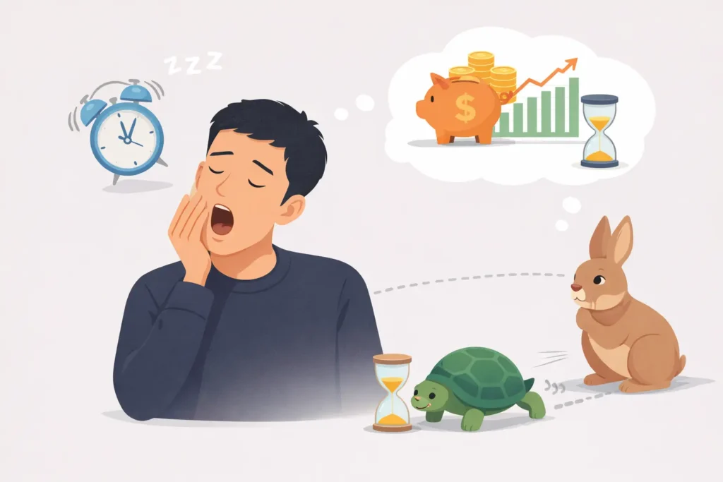 Minh họa người trẻ đang trì hoãn việc chuẩn bị tài khoản hưu trí và quỹ hưu trí ở Mỹ vì nghĩ rằng nghỉ hưu còn rất xa.