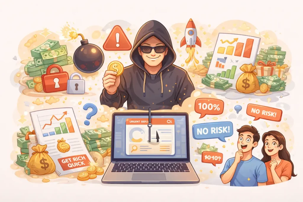 Illustration showing common patterns of financial scams in financial investing