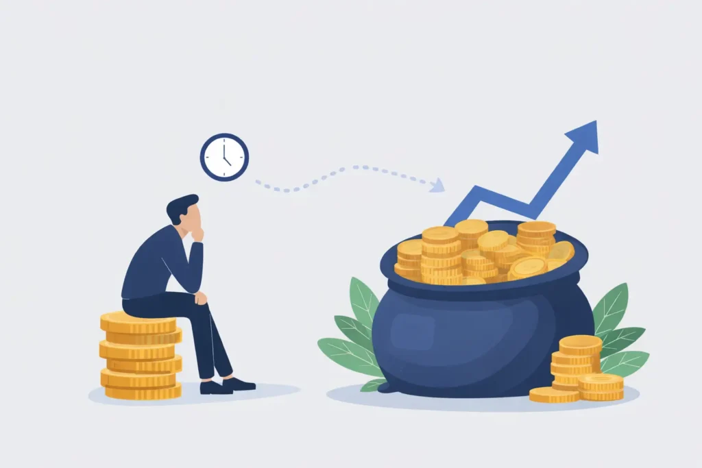 Minh họa một người ngồi trên chồng tiền nhìn về phía hũ vàng và biểu đồ tăng trưởng, tượng trưng cho việc đợi có nhiều tiền rồi mới bắt đầu đầu tư chứng khoán Mỹ.