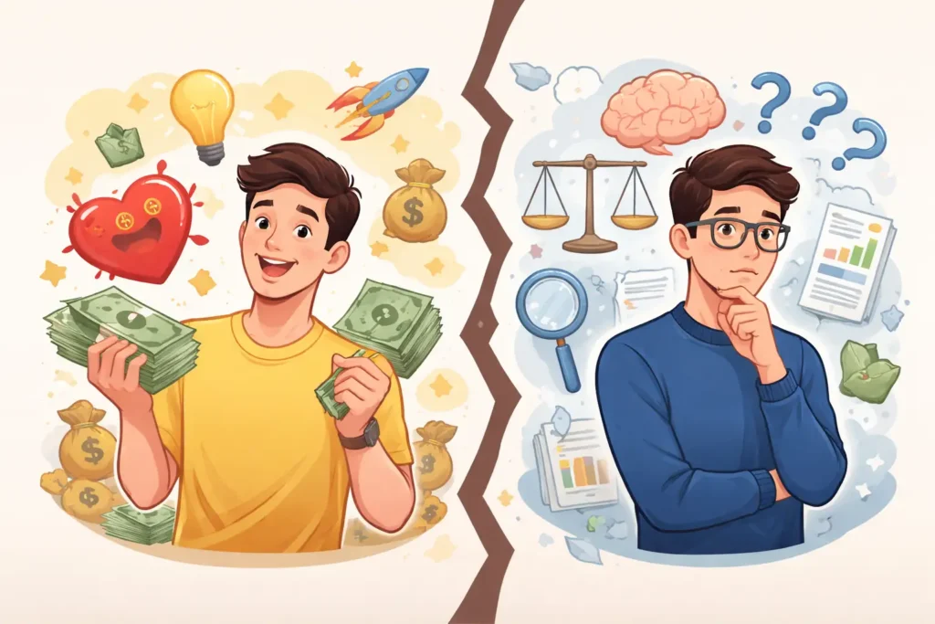 Illustration showing the conflict between emotion and logic in financial investing decisions