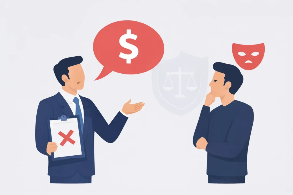 Minh họa hai người đang trao đổi về tài chính, một người đóng vai financial advisor và người còn lại tỏ ra nghi ngờ, tượng trưng cho hiểu lầm rằng financial advisor là lừa đảo.