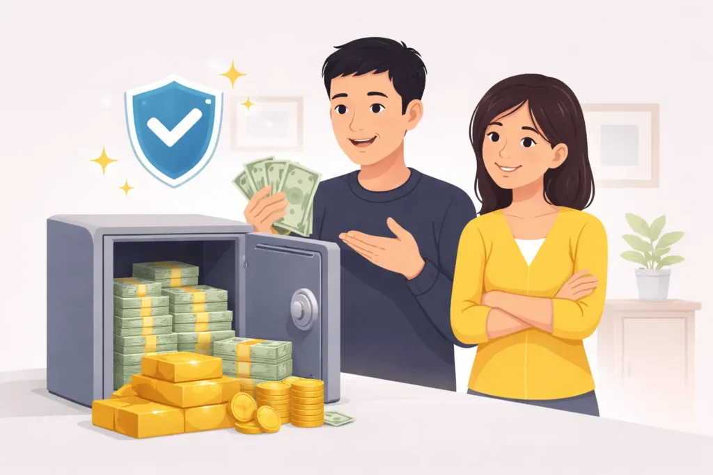 Minh họa quan niệm giữ tiền mặt và vàng để cảm thấy an toàn thay vì đầu tư vào tài khoản hưu trí hoặc quỹ hưu trí ở Mỹ.