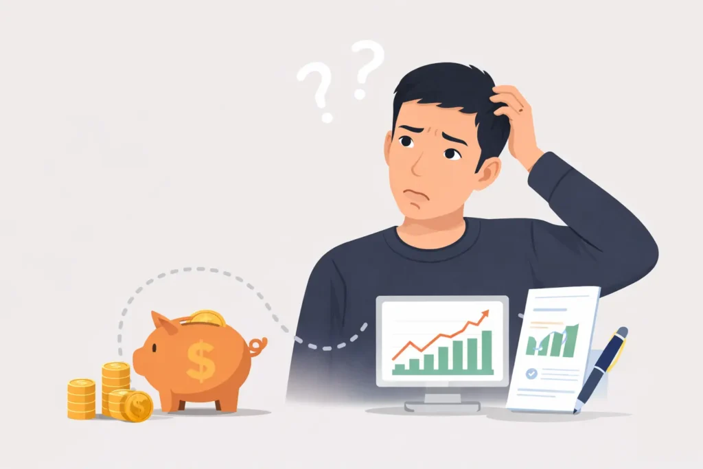Minh họa người đang bối rối về tài khoản hưu trí và quỹ hưu trí ở Mỹ khi chưa hiểu cách hoạt động của các tài khoản đầu tư cho tuổi nghỉ hưu.