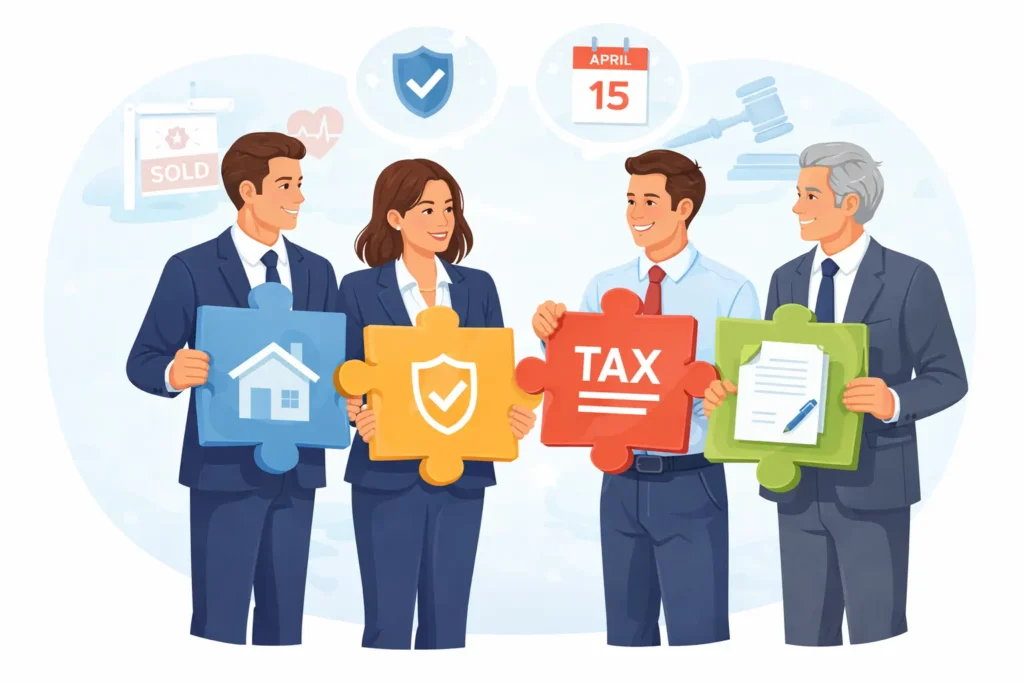 Financial professionals in the U.S. each contributing a piece to a complete financial strategy like a puzzle