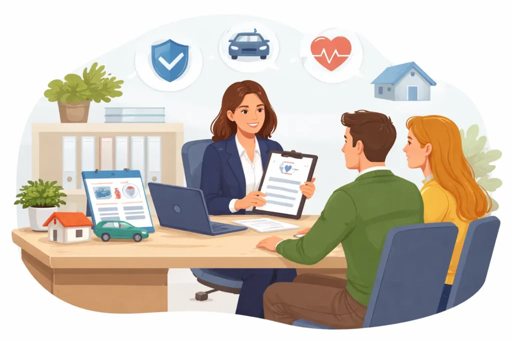 Đại lý bảo hiểm ở Mỹ đang tư vấn cho khách hàng về các giải pháp bảo hiểm và quản lý rủi ro tài chính