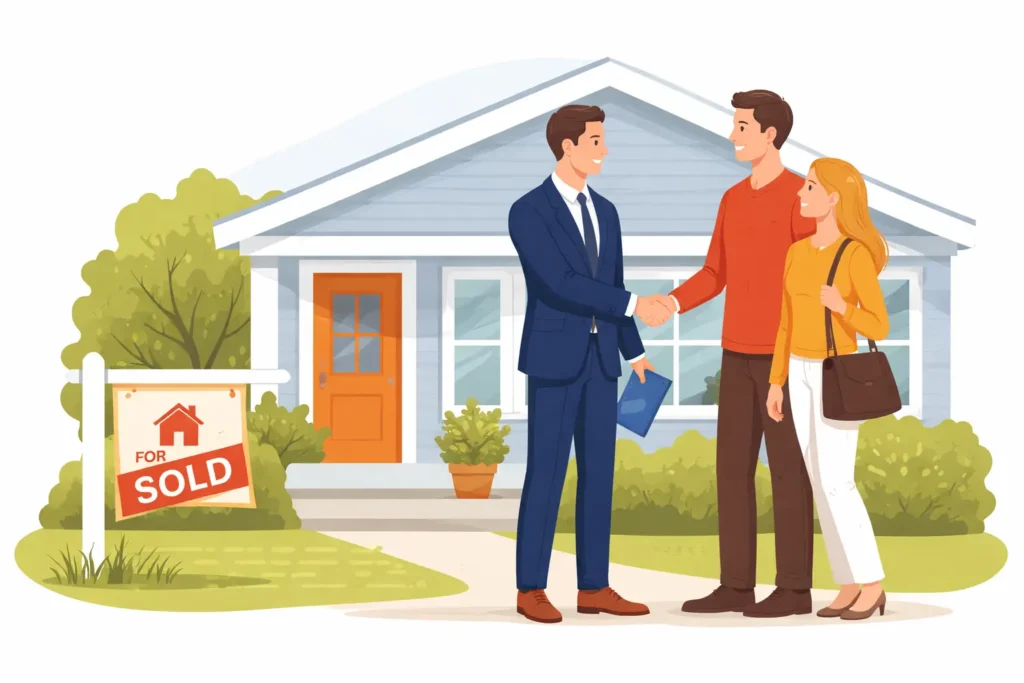 Real estate agent in the U.S. shaking hands with clients after completing a home purchase