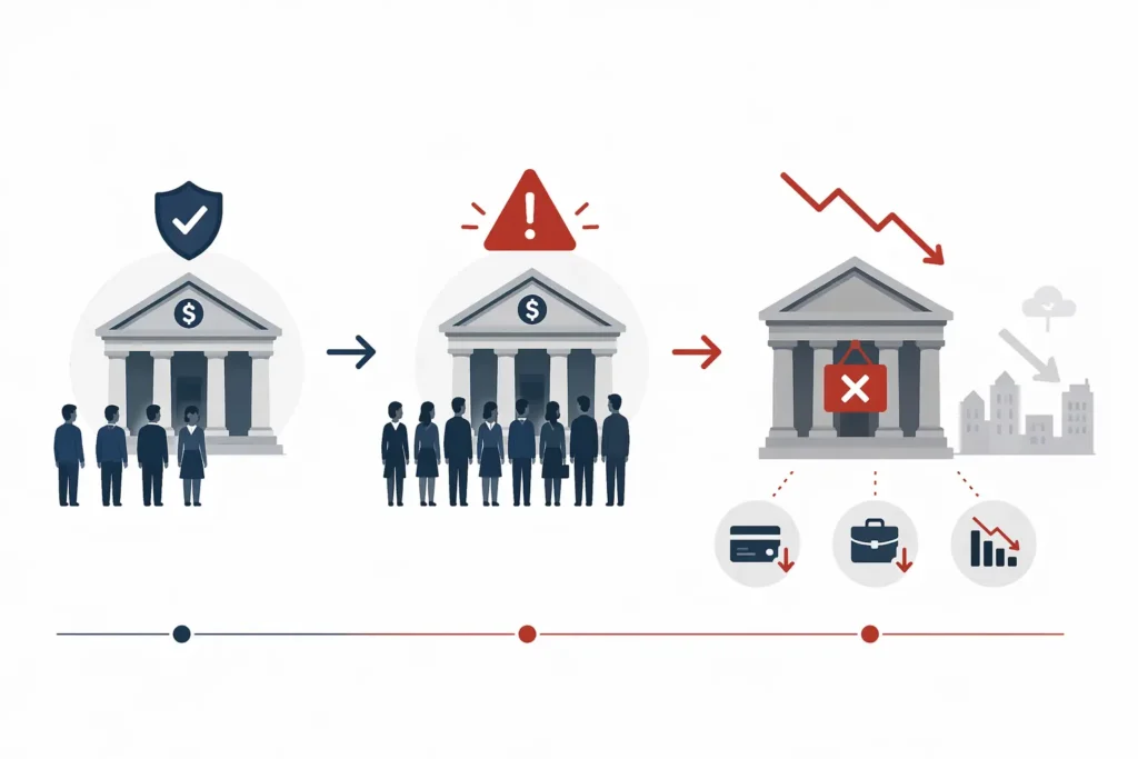 Minimalist illustration showing a bank run where people withdraw money leading to bank failure and economic decline