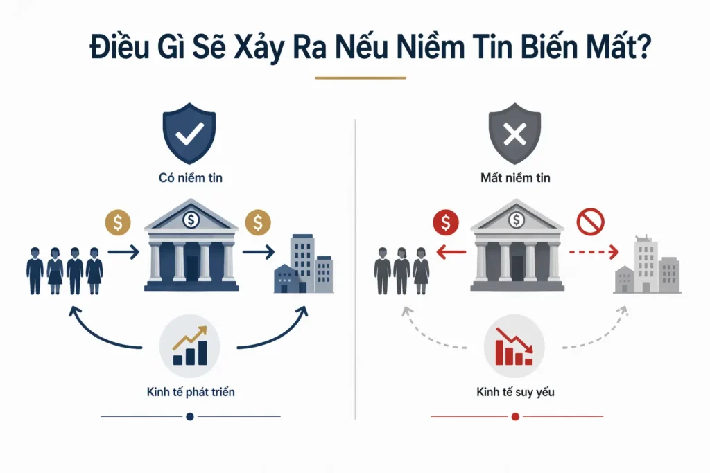 Hình minh họa tối giản thể hiện tác động của niềm tin và sự mất niềm tin đối với hệ thống ngân hàng và nền kinh tế