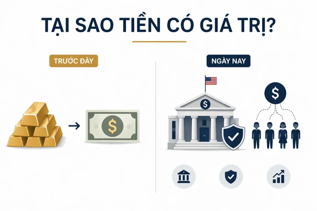 Infographic tối giản giải thích tại sao tiền có giá trị, so sánh giữa tiêu chuẩn vàng và tiền pháp định dựa trên niềm tin trong hệ thống tài chính Mỹ