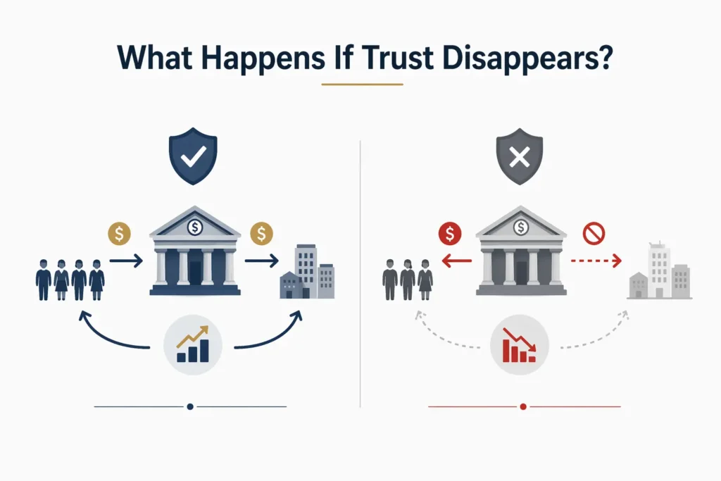 Minimalist illustration showing the impact of trust versus loss of trust in the banking system and economy