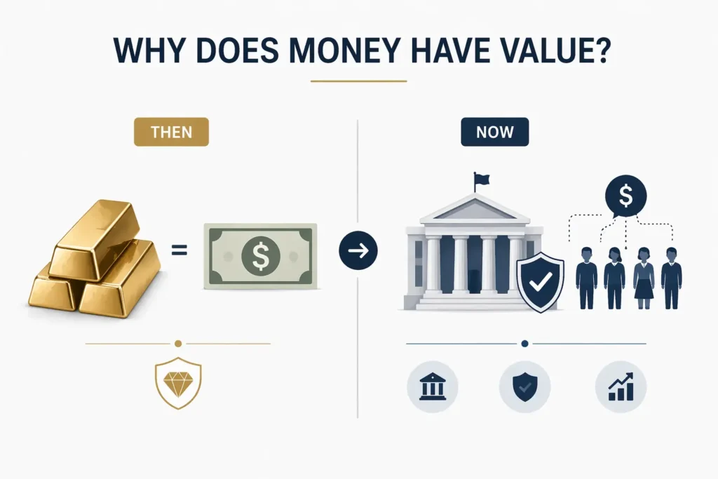 Minimalist infographic explaining why money has value, comparing gold standard and fiat currency based on trust in the U.S. financial system