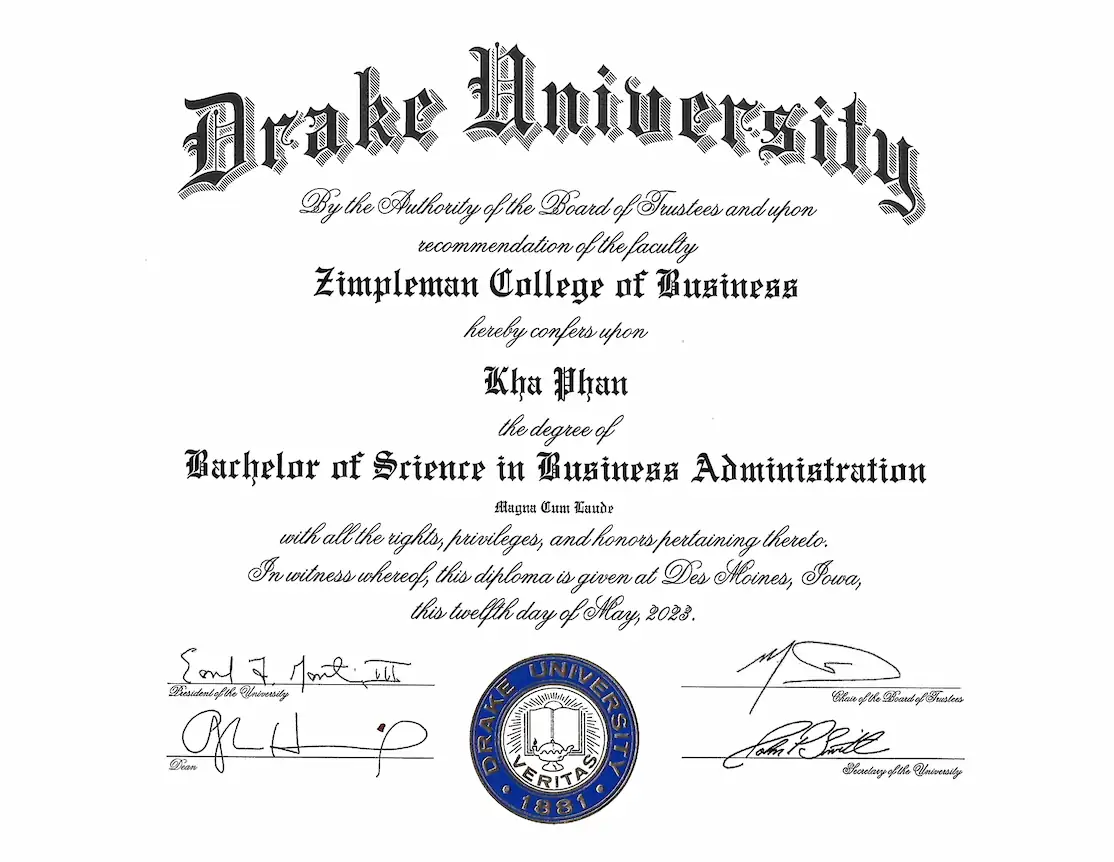 kennedy kha phan-fiduciary financial advisor-Cử nhân Quản trị Kinh doanh – Drake University Kennedy Phan Bằng Cử nhân Quản trị Kinh doanh từ Drake University cấp cho Kennedy Phan