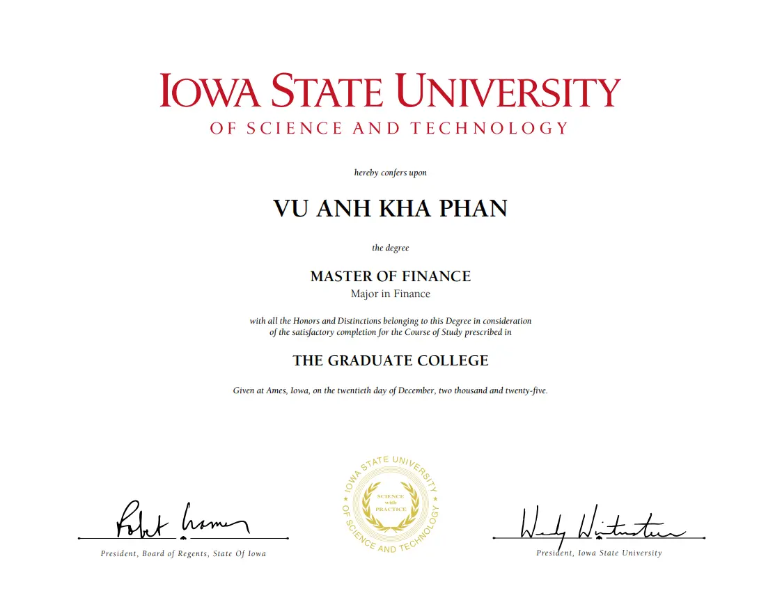 kennedy kha phan-fiduciary financial advisor-Thạc sĩ Tài chính – Iowa State University Chuyên gia tư vấn tài chính Bằng Thạc sĩ Tài chính từ Iowa State University cấp cho Vũ Anh Kha Phan