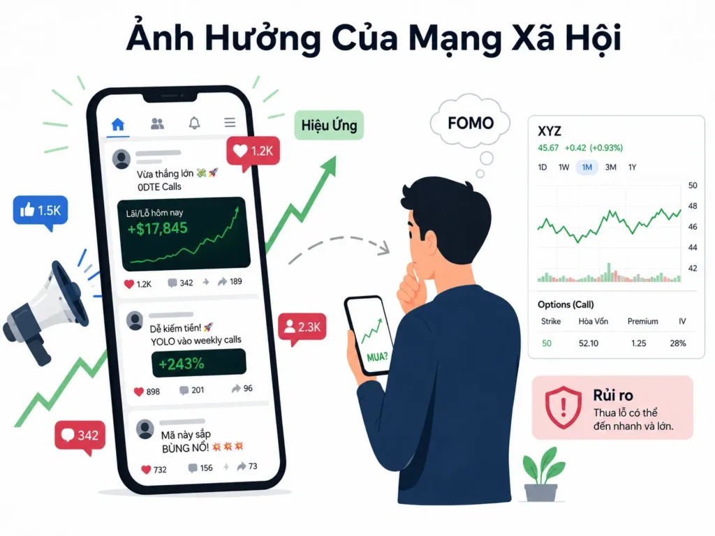 Minh họa tối giản cho thấy mạng xã hội, hiệu ứng đám đông, FOMO và các bài đăng giao dịch thắng lớn có thể ảnh hưởng đến quyết định đầu tư và giao dịch options.