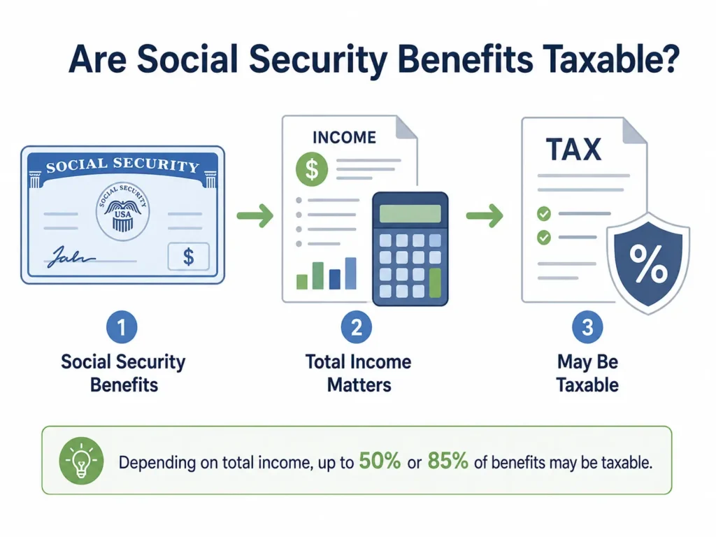 Minimalist infographic showing Social Security benefits, total income, and tax documents to explain that benefits may be taxable depending on total income.