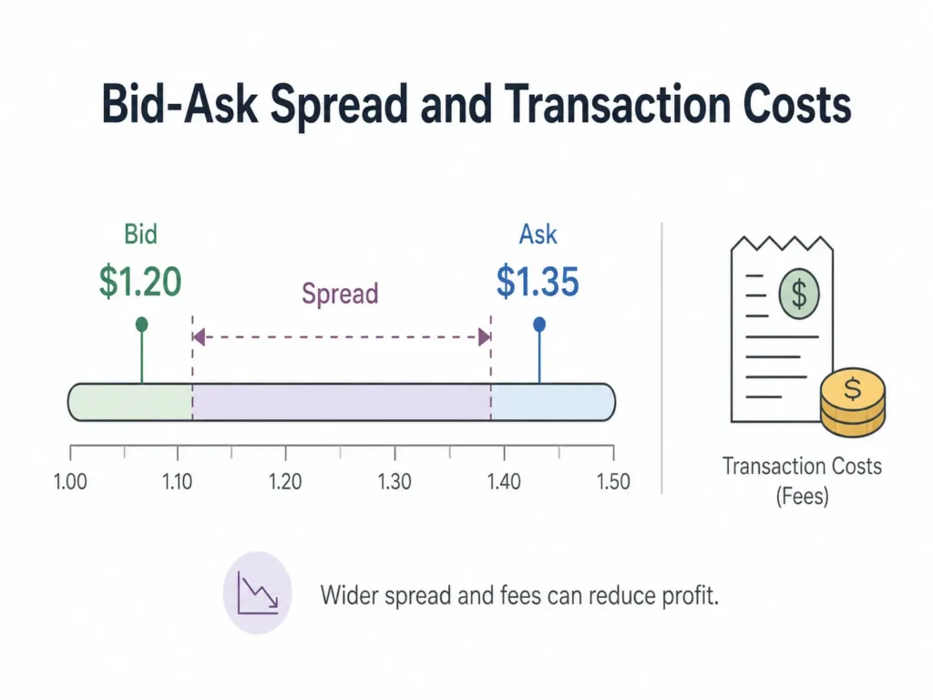 Minimalist infographic explaining bid-ask spread and transaction costs, showing a bid price of $1.20, an ask price of $1.35, and the spread between them.