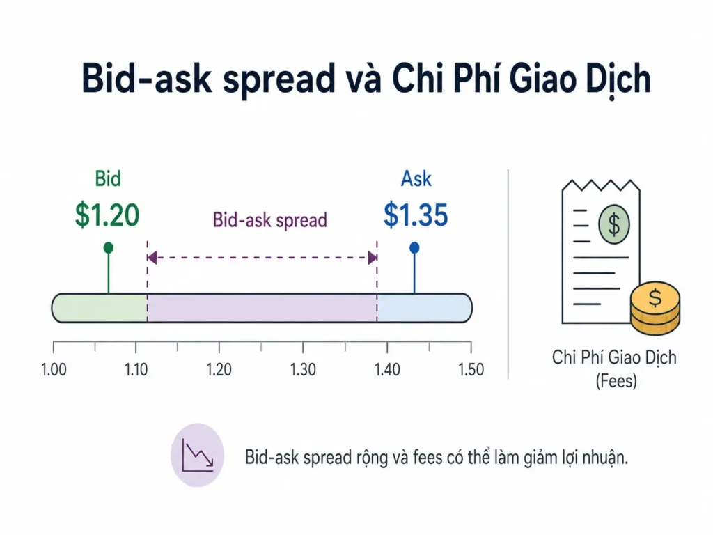 Minh họa tối giản giải thích Bid-ask spread và chi phí giao dịch, với giá Bid $1.20, giá Ask $1.35, và khoảng chênh lệch giữa hai mức giá.