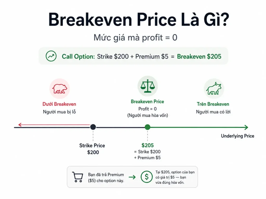 Minh họa tối giản giải thích Breakeven Price cho Call Option, trong đó Strike Price $200 cộng Premium $5 tạo ra Breakeven $205.