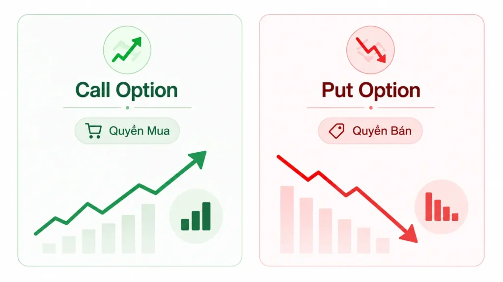 Minh họa tối giản so sánh Call Option và Put Option, trong đó Call Option thể hiện quyền mua còn Put Option thể hiện quyền bán.