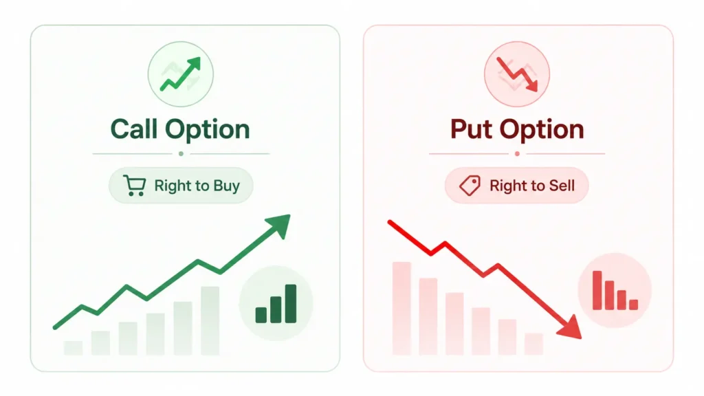 Minimalist illustration comparing call options and put options, showing that a call option gives the right to buy and a put option gives the right to sell.