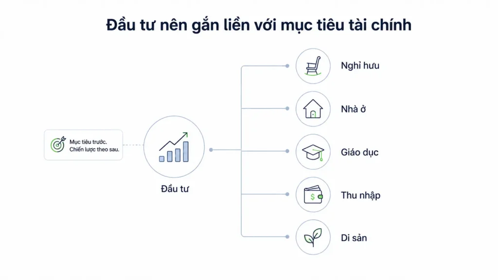 Minh họa tối giản cho thấy đầu tư được kết nối với các mục tiêu tài chính như nghỉ hưu, nhà ở, giáo dục, thu nhập và di sản.