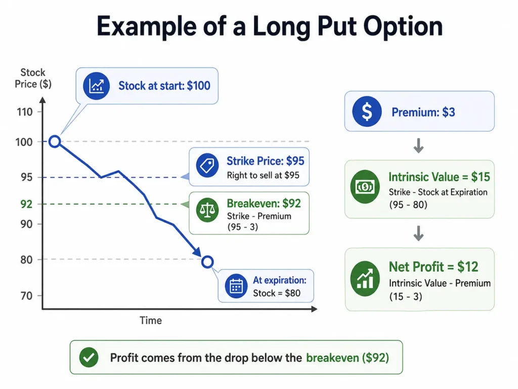 Minimalist infographic explaining a Long Put Option example, showing stock starting at $100, Strike Price $95, Premium $3, Breakeven $92, and stock falling to $80 at expiration.