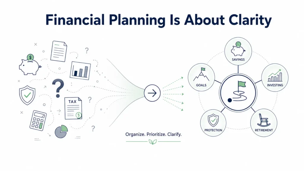 Minimalist illustration showing financial planning turning scattered financial decisions into a clear, organized plan for savings, investing, retirement, protection, and goals.