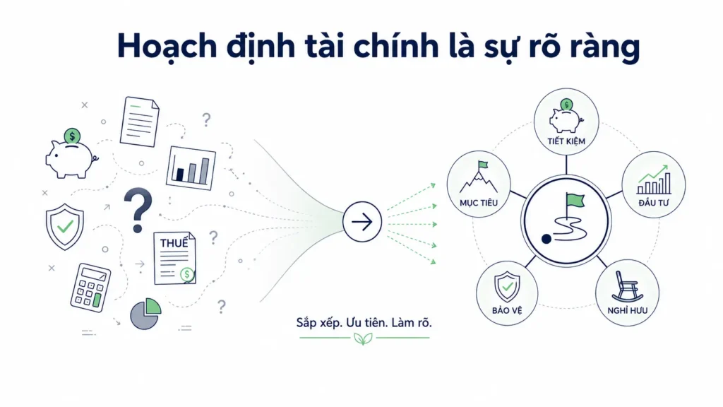 Minh họa tối giản cho thấy hoạch định tài chính giúp biến những quyết định tài chính rời rạc thành một kế hoạch rõ ràng cho tiết kiệm, đầu tư, nghỉ hưu, bảo vệ và mục tiêu tài chính.