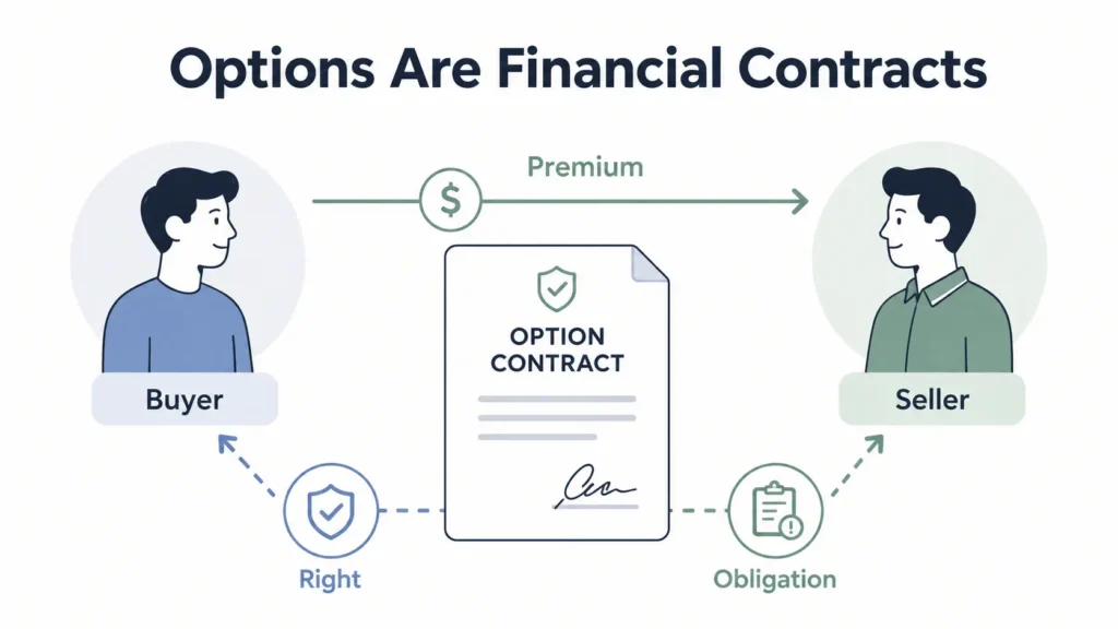 Minimalist illustration showing an option contract between a buyer and seller, where the buyer pays a premium, receives a right, and the seller takes on an obligation.