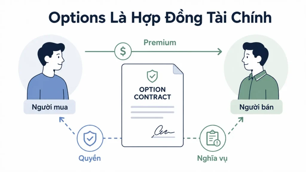 Minh họa tối giản cho thấy một option contract giữa người mua và người bán, trong đó người mua trả premium, nhận quyền, còn người bán nhận premium và gánh nghĩa vụ.