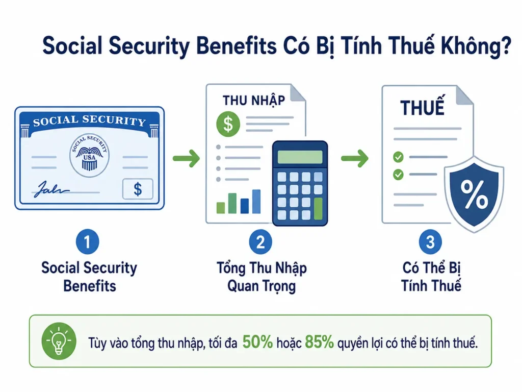 Minh họa tối giản cho thấy Social Security Benefits, tổng thu nhập và giấy tờ thuế để giải thích rằng quyền lợi có thể bị tính thuế tùy vào tổng thu nhập.