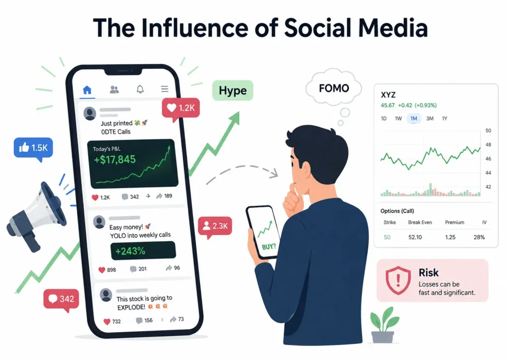 Minimalist illustration showing how social media hype, FOMO, and viral trading posts can influence investor decisions in options and stock trading.