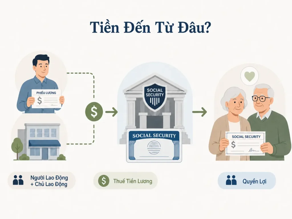 Minh họa tối giản cho thấy người lao động và chủ lao động đóng thuế tiền lương vào hệ thống An Sinh Xã Hội, sau đó quyền lợi được chi trả cho người nghỉ hưu.