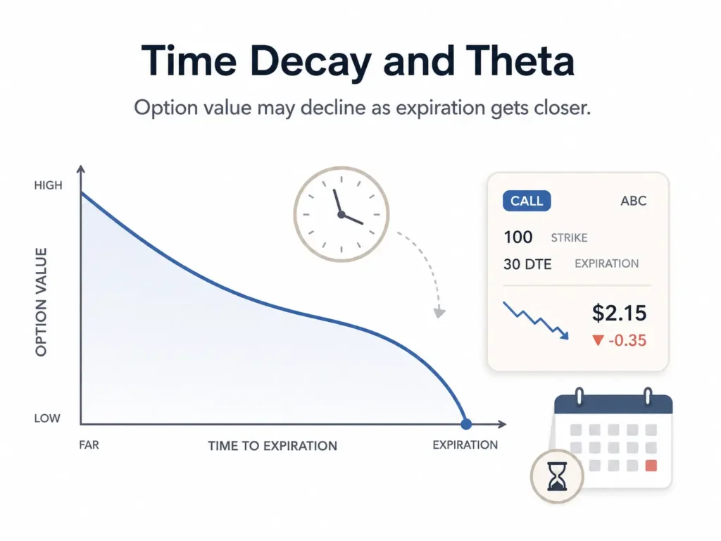 Minimalist infographic explaining Time Decay and Theta in options, showing option value declining as expiration gets closer.
