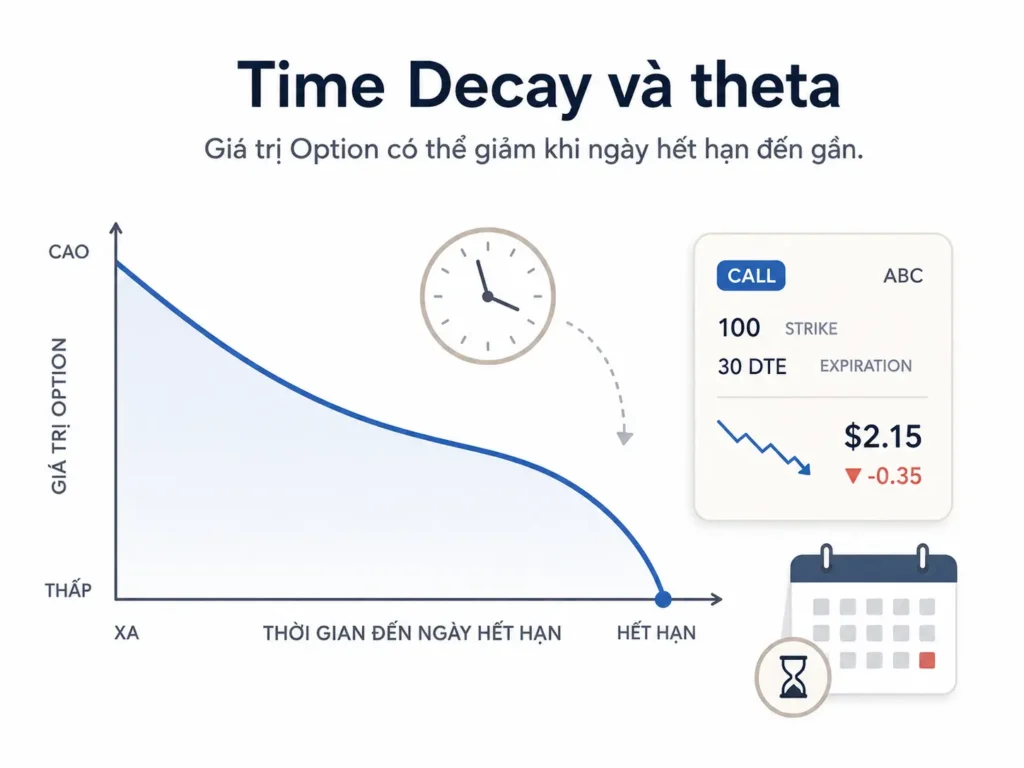 Minh họa tối giản giải thích Time Decay và theta trong Option, cho thấy giá trị Option có thể giảm khi ngày hết hạn đến gần.