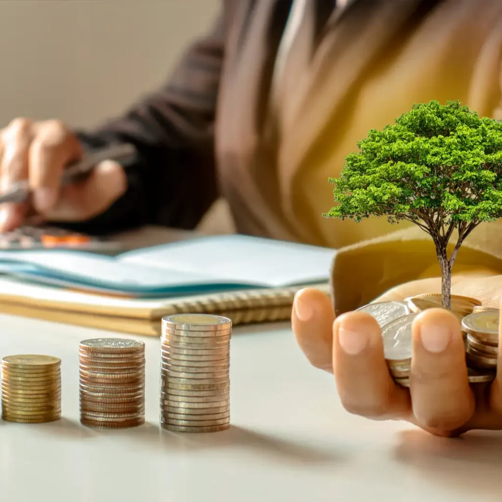 Tư Vấn Tài Chính Fee-Only và Kế Hoạch Xây Dựng Tài Sản Dài Hạn - Chuyên Gia Tư Vấn Tài Chính - Kennedy Kha Phan Các chồng tiền xu tăng dần bên cạnh bàn tay cầm tiền và hình ảnh cây xanh, thể hiện tư vấn tài chính fee-only và kế hoạch xây dựng tài sản dài hạn.