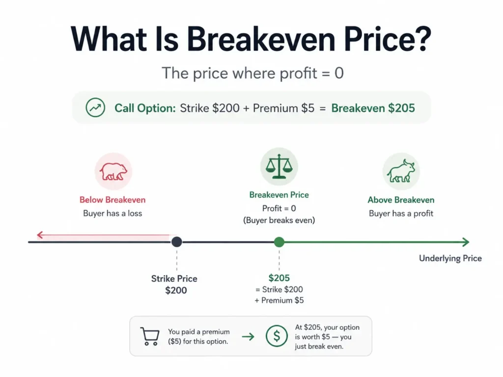 Minimalist infographic explaining breakeven price for a Call Option, showing Strike Price $200 plus Premium $5 equals Breakeven $205.
