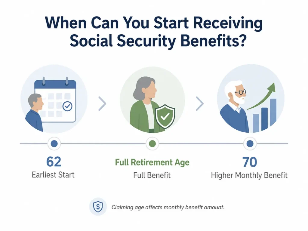 Minimalist timeline illustration showing Social Security claiming options at age 62, full retirement age, and age 70, with monthly benefits increasing when delayed.