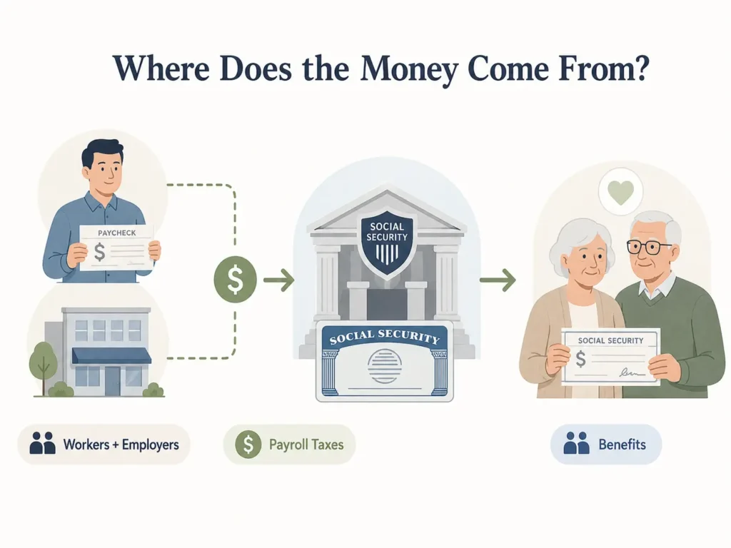 Minimalist illustration showing workers and employers contributing payroll taxes into the Social Security system, which then pays benefits to retirees.